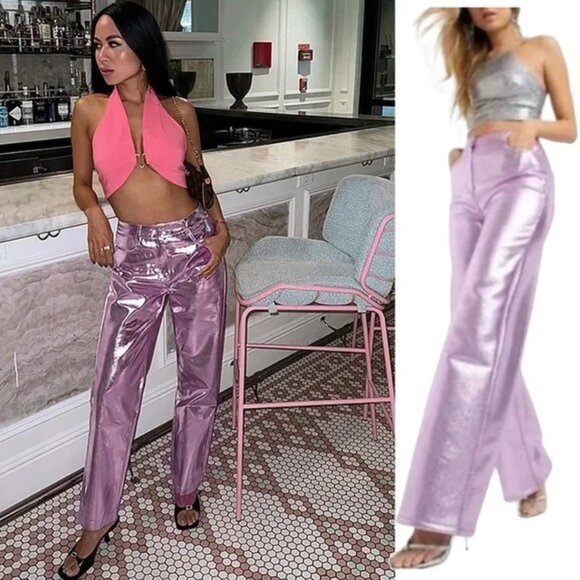 NWT 7 FOR ALL MANKIND Metallic Faux Leather Pink Foil Pants Women’s M S - Picture 1 of 7